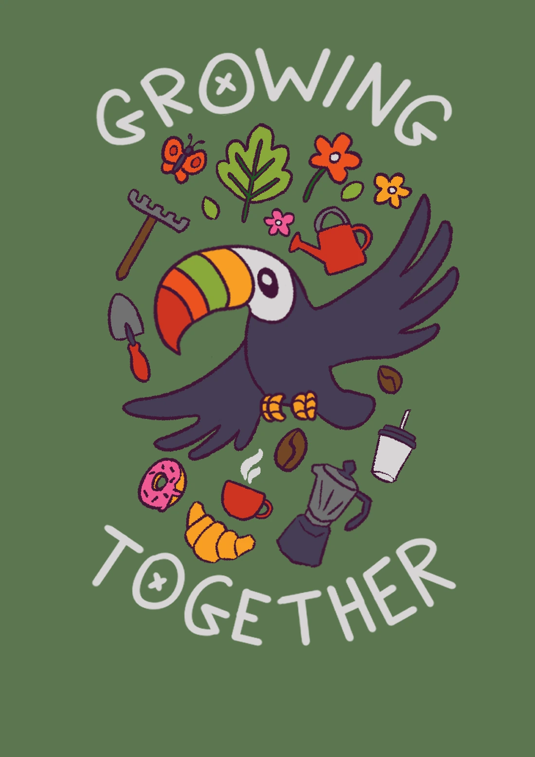 Growing Together: CaféTico toucan with garden tools, coffee and pastries